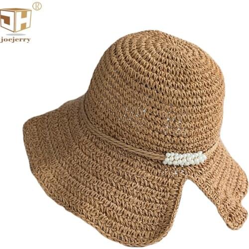 Summer Crochet Straw Beach Bucket Hat Elegant Women Sun Hat With Beads Beach Caps Foldable 2021New