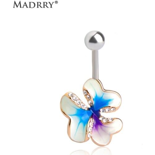 Madrry Esmalte Enamel Three Flowers Belly Button Rings Sexy Body Piercing Jewelry Bars Piercings Navel Piercing Gothic Unhas
