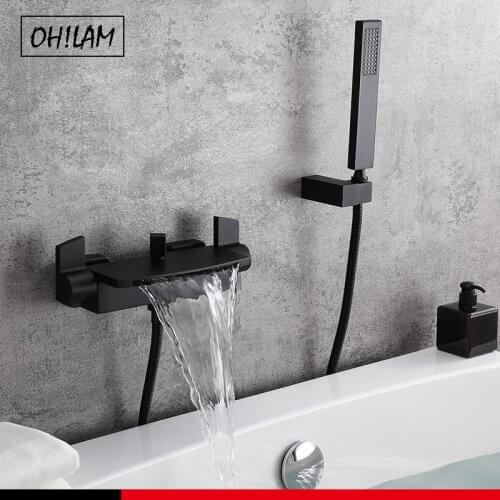 Bathroom Tub Faucet Double Handle Waterfall Spout Mixer Tap With Hand Shower Set Wall Mounted Bath Faucet Bathtub Faucet