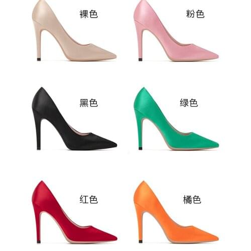 Spring new simple pointed stiletto high heel large size small size satin wedding shoes candy color banquet dress womens shoes