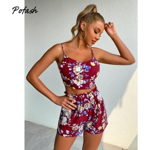 Pofash Floral Print Summer Clothes For Women Spaghetti Strap Tank Top and Shorts Sets Backless Bow Holiday Two Pieces Set 2021