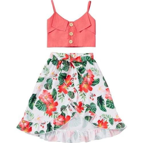 Girl’s Summer Two Piece Set Fashion Solid Color Button Camisole and Flower Bandage Mid-length Skirt