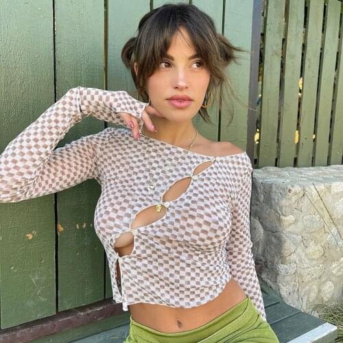 Women Plaid Print Crop Tops Long Sleeve Hollow Out Irregular Button Down T-Shirts Female Party Wear Asymmetrical Y2K Punk Tee