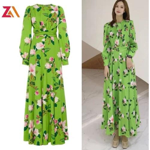 ZALady designer runway maxi dresses for women green vintage floral printed beach chci holiday autumn long sleeve dress vestidos