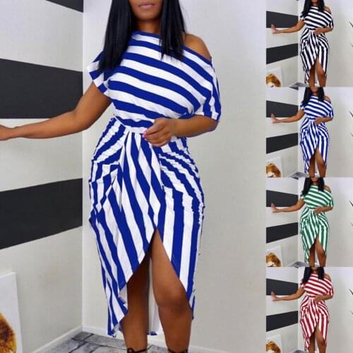 New Summer Womens Blue White Plaid Short Sleeve Bodycon Dress Positioning Print Off Shoulder High Slit Dress for Dating