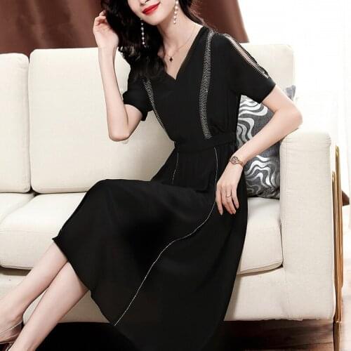 100% Silk Summer Dress 2020 Vintage Elegant Office Midi Dress Women Clothes Ladies Dresse Black Party Dress Vestidos SJ19060310