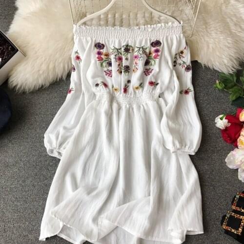 Women Dresses 2021 Fashion New Floral Embroidery Long Sleeve Slash Neck Elastic Waist Off Shoulder White Dress Casual Slim Dress