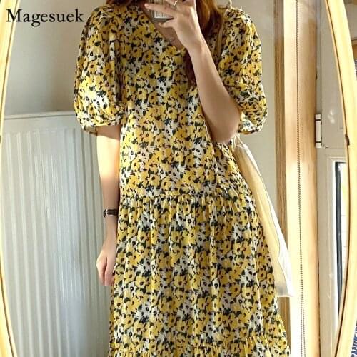 Summer Korean Retro Yellow Printed Dress 2021 Women Chiffon Puff Sleeve Loose Midi Dress V Neck Floral Dresses Vestidos 15090