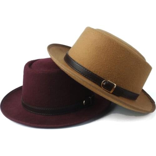 2019 Wool Pork Pie Hat For Women Men With Fashion Leather For Dad Wool Flat Fedora Hat For Lady Gambler Trilby Fascinator Hat