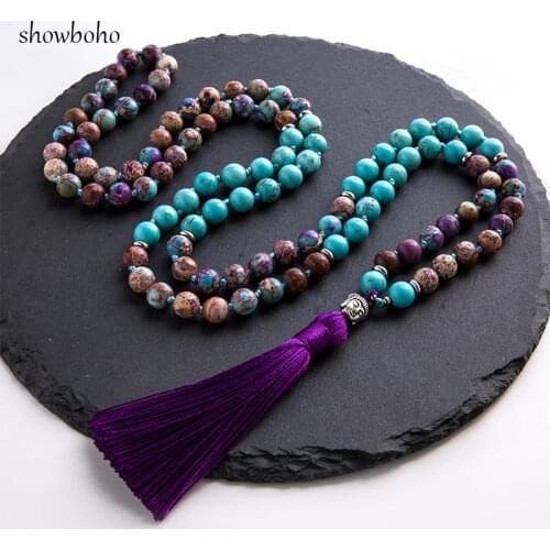 8mm Natural Turquoise Violet Imperal Jaspers Beaded Knotted 108 Japamala Necklace Meditation Yoga Tibetan Buddha Head Jewelry