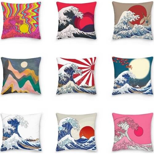 Ancient Great Japanese Wave And Sun Pillowcase Abstract Style Sofa Car Cushion Cover Bed Pillow Cover Home Decorative