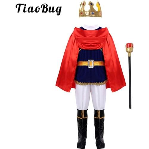 TiaoBug Kids Boys Halloween Cosplay Party Outfit Medieval King Prince Costume Tops with Pants Belt Cloak Scepter Shoe Covers Set
