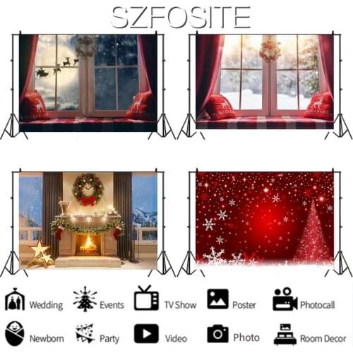 Fireplace Christmas Tree Snow Backdrop Holiday Party Child Decoration Kids Baby Bath Newborn Custom Background Photography Photo