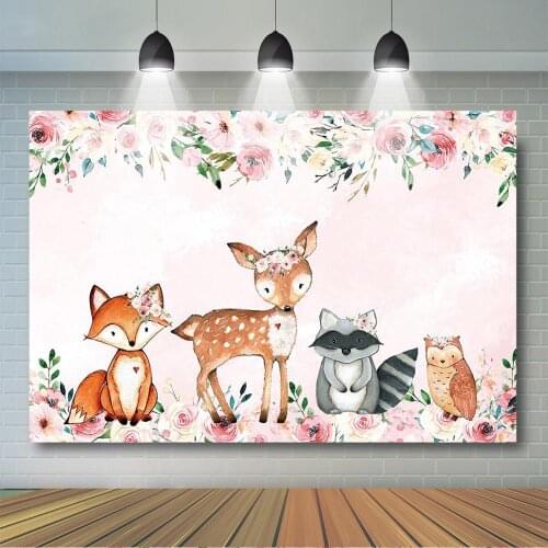 Woodland Animals Backdrop Boho Watercolor Floral Pink Photo Background Woodland Safari Baby Shower Birthday Part Decorations