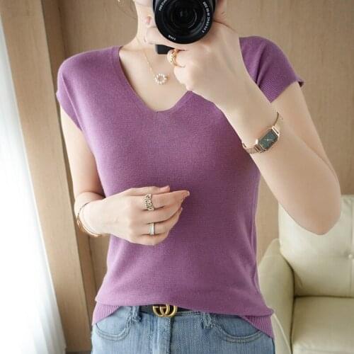 2021 Summer Womens T-shirt Casual Pure Color 100% Wool Sweater Short Sleeve V-neck Ladies Top Plus Size Knitwear tees