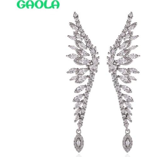 GAOLA New Zircon Feather Asymmetrical Earring Figure Geometric Dangle Earring Top Design Women Wedding Jewelry GLE9394