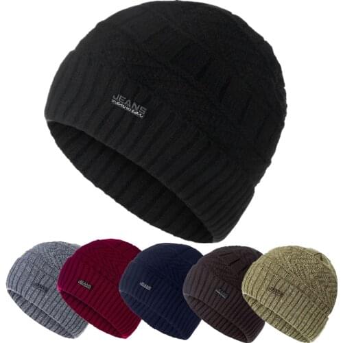 New Unisex Warm Winter Hat Jeans Label Stylish Add Fur Lined Soft Beanie Hat Thick Winter Hats For Women Men Knitted Hat