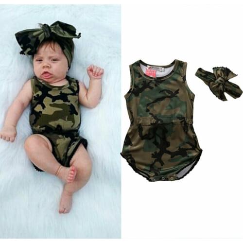 0-24M Cute Infant Baby Girls Boys Camo Jumpsuit Headband Sleeveless Print Bodysuits Outfits Clothes