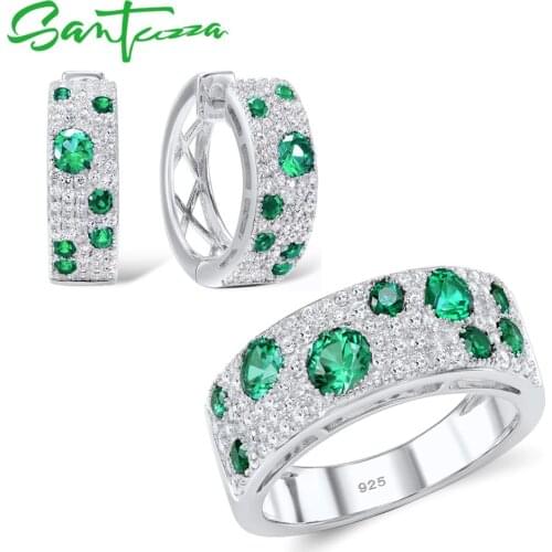 SANTUZZA Jewelry Set For Women Authentic 100% 925 Sterling Silver Shimmering Wish Green CZ Earrings Ring Set Fashion Jewelry