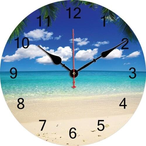 Round Farmhouse Wall Clock Reloj De Pared Decorative Wood Style Quartz Sand Beach Coconut Palm Tree Round Wall Clock