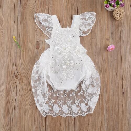 Baby Girls Lace 3D Flower Embroidery Pearl Sweet Princess Bodysuit White Square Collar Flying Sleeve Ruffle Jumpsuit