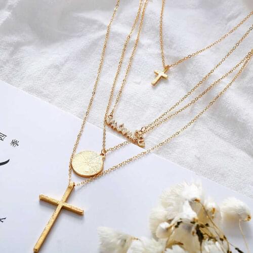 Trendy Multi layer Necklace Cross Geometric Circle Piece Accessories Necklace for Women Gift
