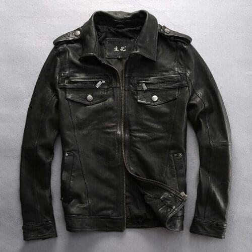 2020 New Mens Genuine Leather Jacket Vegetable tanning Black Lapel Epaulet Sheepskin Men Winter Slim Fit Russian Coats