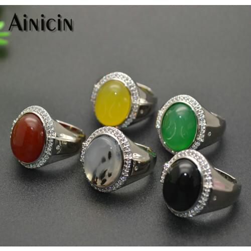 New Fashion Natural Semi-precious Stone Yellow Red Green Agate Black Onyx Oval Surface Adjustable Mens Rings