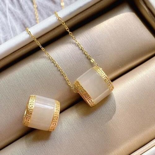 New Silver Natural Hetian Jade Geometric Cylindrical Pendant Necklace Frosty Wind Retro Niche Craft Women Charm Brand Jewelry