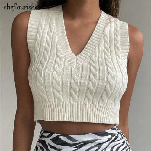 Casual sweater women summer sleeveless pullovers vintage knitted cropped sweater kawaii v neck sweater vest solid women top 2021