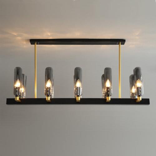 Modern Straight Dining Room Black Metal E14 Led Pendant Lights Gray Glass Shades Led Rod Hanging Lamp For Dining Table Lighting