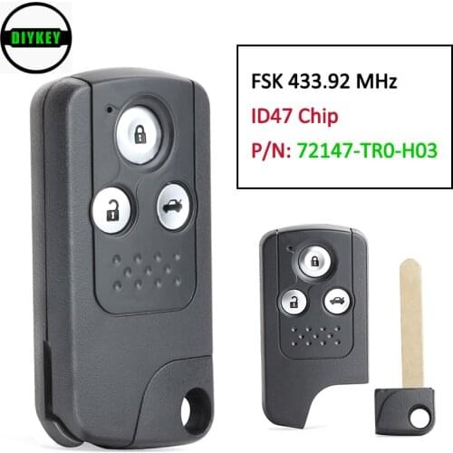 DIYKEY Smart Remote key Fob 3 Button 433.92Mhz ID46 Chip for Honda Civic 2012 2013 2014 2015 72147-TR0-H03