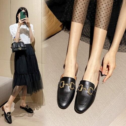 Retro Sling-Back Block Low Heels for Women Hanged Metal Genuine Leather Women Mules Shallow Working Casual Shoes Woman Heels