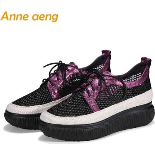 2019 New Genuine Leather Women Pumps Middle Round Heel Lace-Up Fashion Casual Women Platform Shoes Wine red Female Pumps