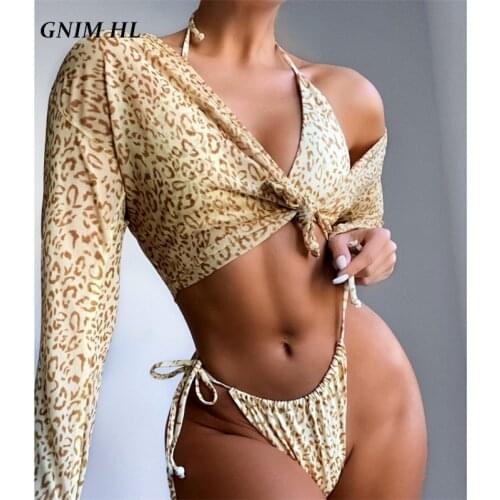 GNIM Sexy Leopard Bikini Set 2021 Summer String Swimwear Women Three Piece Bandage Swimsuit Beachwear Mesh Cover Up Bathing Suit