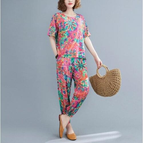 Print Floral Vintage Women Clothes Set 2021 New Arrival Cotton Linen Loose Tops Pants Two 2 Piece Summer Casual Set Suits