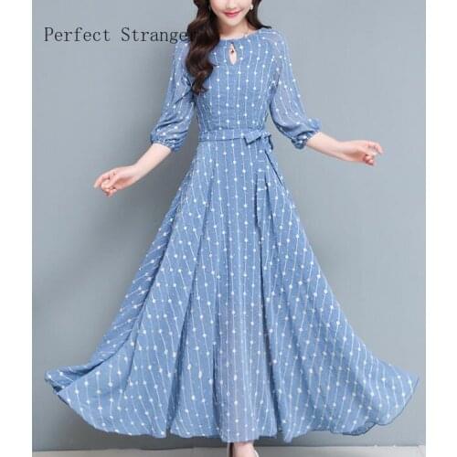 2021 Spring Summer New Arrival Hot Sale Round Collar Three-quarter Sleeve Women Chiffon Long Dress M-3XL