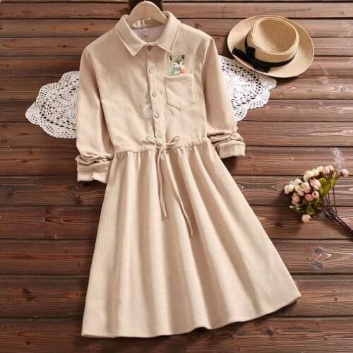 Winter embroidered cute dress for women new fashion long sleeve velvet thick striped kawaii dress mori girl vestidos cat dress