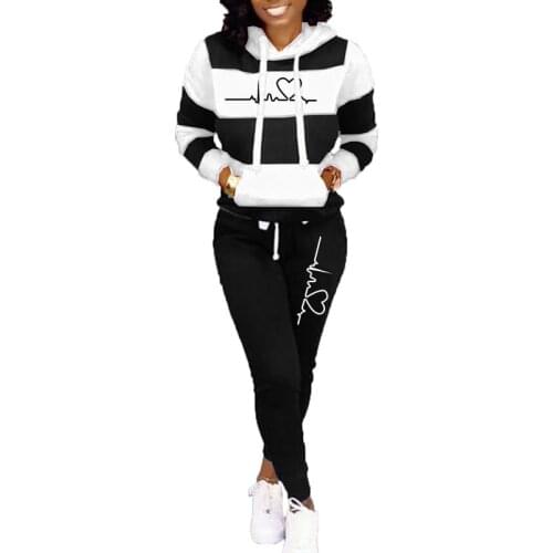 Winter Tracksuit 2 Piece Set Sweatshirt Print Hoodies+Pants Sportwear Womens Sports Suit Female Hooded Hoodies Suit