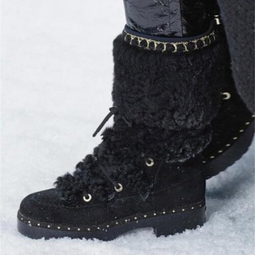 2020 Winter Warm Snow Boots Women Real Furs Ankle Boots Woman Lace-Up Nature Leather Boots Chain Decoration Zapatos De Mujer
