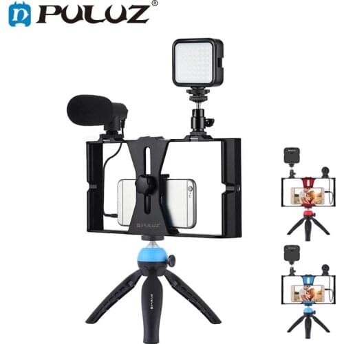PULUZ 4 in 1 Vlogging Live Broadcast Smartphone Video Rig + LED Selfie Fill Light Microphone +Tripod Mount+Cold Shoe Tripod Head