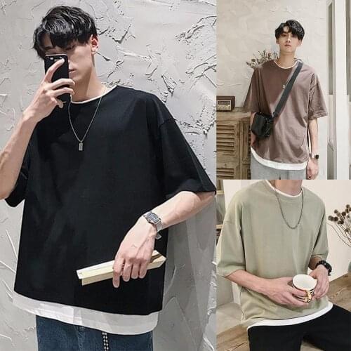 2020 summer Solid Color Men Short Sleeve Round Neck Loose Patchwork Blouse T-shirt Tee Top breathable футболка мужская