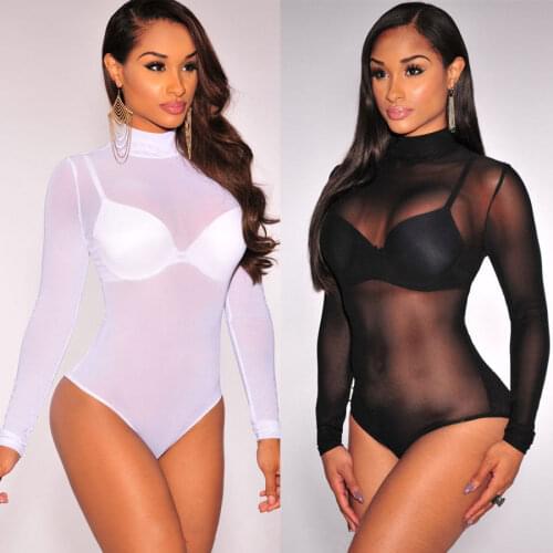 Women Sexy Mesh Lingerie Bodysuit Black White Long Sleeve Ladies Bodysuit Leotard Transparent Skinny Bodysuits Clubwear Jumpsuit