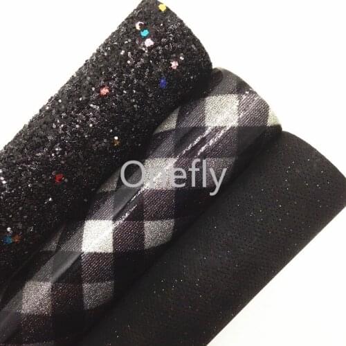 Onefly 21x29cm Black Glitter Fabric, Tartan Printed Faux Fabric Plaids Synthetic Leather Sheets For Bow DIY handbags shoes DQ032