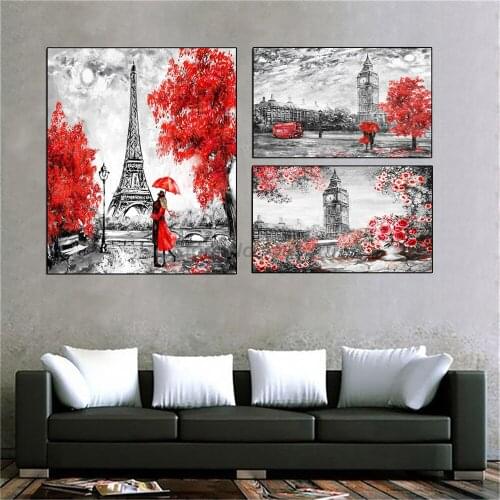 Black And WhitePoster Landscape European City Hungary Budapest Street Painting Canvas Couple Under Red Umbrella Night And Moon