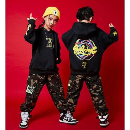 Kid Hip Hop Clothing Hoodie Sweatshirt Oversized Shirt Streetwear Camo Tactical Cargo Pants for Girls Boys Dance Costume Clothes