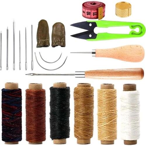 LMDZ 21 Pieces Leather Sewing Tools, 6 Color Waxed Thread with Leather Sewing Needles Big Eye Needles Curved Needles Awl