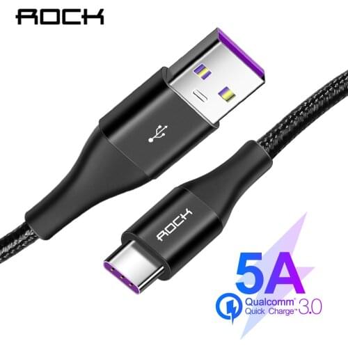 Rock 5A USB Type C Cable For Samsung S20 S10 Plus Xiaomi Fast Charging Wire Cord USB-C Charger Mobile Phone USBC Type-c Cable