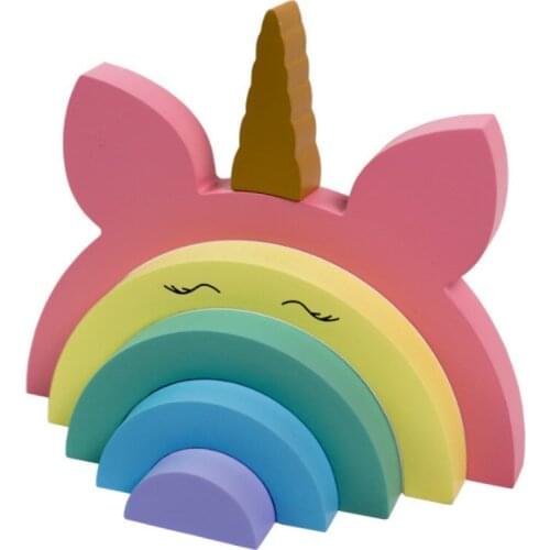 INS Wooden Rainbow Unicorn Panda Building Blocks For Kids Room Decoration Ornaments Baby Early Educational Wood Toys Photo Props