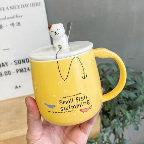 Creative Kitten fishing mug with lid spoon,Coffee Tea Cup Milk Juice Lemon Mug Home Office Drinkware Valentines Day Gift